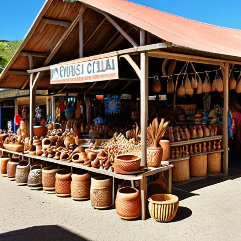 "A vibrant marketplace scene in Nouméa, New Caledonia. Blending Melanesian crafts with French architecture, showcasing the cultural mix. Focus on the faces of young Caledonians, representing the future. Warm, sunny lighting."