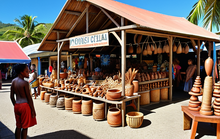 "A vibrant marketplace scene in Nouméa, New Caledonia. Blending Melanesian crafts with French architecture, showcasing the cultural mix. Focus on the faces of young Caledonians, representing the future. Warm, sunny lighting."