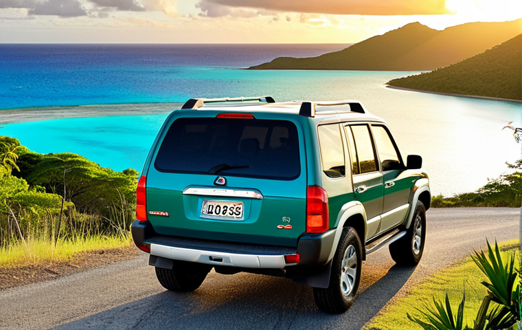 **Image Prompt 1: Coastal Freedom & Sunset Discovery**
A sleek 4x4 vehicle is parked on a winding scenic coastal road in New Caledonia, overlooking a breathtaking turquoise lagoon and vibrant green islands. The sun is setting, casting warm golden light across the scene, evoking a sense of ultimate freedom and the joy of discovering hidden, serene spots. The car faces away, inviting the viewer to imagine their own journey.