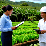 A diverse group of professional New Caledonians collaborating on economic diversification. A businesswoman in a modest suit reviews data in a modern office, while a marine biologist in clean, professional gear observes sustainable aquaculture ponds, and a local farmer harvests vanilla beans in a lush, tropical plantation. The scene showcases innovation and environmental responsibility with vibrant colors and clear focus. Fully clothed, appropriate attire, safe for work, professional, perfect anatomy, correct proportions, natural pose, well-formed hands, proper finger count, natural body proportions, high-quality professional photography, family-friendly content.