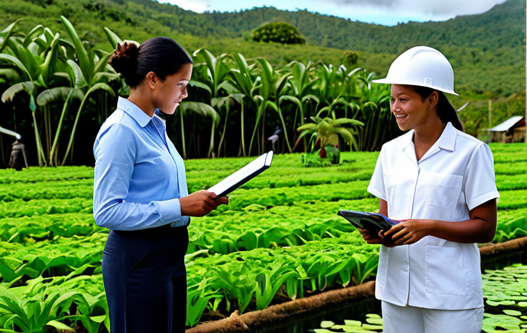 A diverse group of professional New Caledonians collaborating on economic diversification. A businesswoman in a modest suit reviews data in a modern office, while a marine biologist in clean, professional gear observes sustainable aquaculture ponds, and a local farmer harvests vanilla beans in a lush, tropical plantation. The scene showcases innovation and environmental responsibility with vibrant colors and clear focus. Fully clothed, appropriate attire, safe for work, professional, perfect anatomy, correct proportions, natural pose, well-formed hands, proper finger count, natural body proportions, high-quality professional photography, family-friendly content.