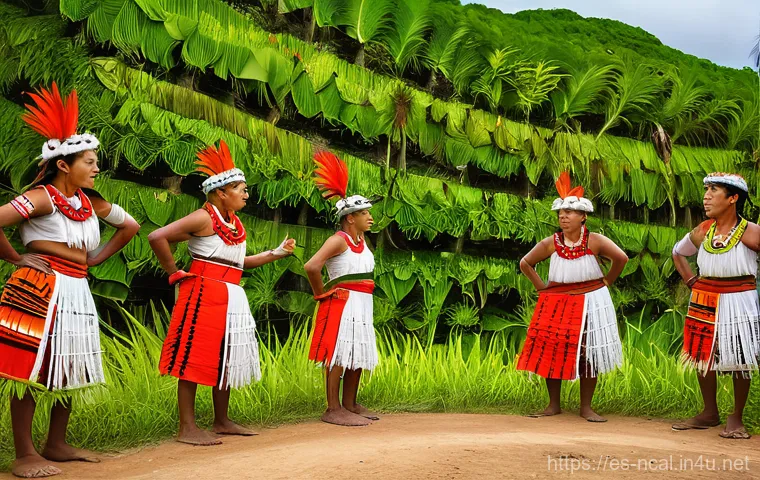 누벨칼레도니 전통 의식 - **Vibrant Kanak Ancestral Dance in a Traditional Village Setting**
    A group of Kanak men and wome...