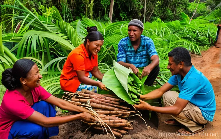누벨칼레도니 전통 의식 - **Vibrant Kanak Ancestral Dance in a Traditional Village Setting**
    A group of Kanak men and wome...