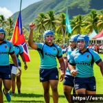 누벨칼레도니 출신 운동선수 - A vibrant local rugby match in a coastal Pacific island setting, showcasing enthusiastic young playe...