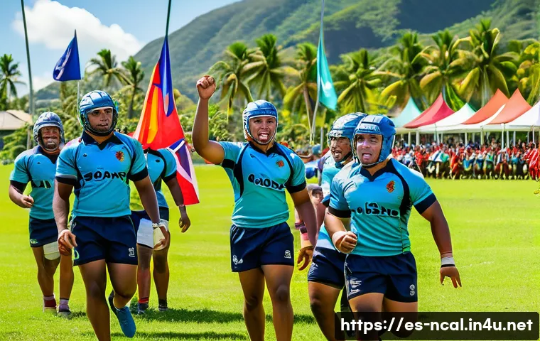 누벨칼레도니 출신 운동선수 - A vibrant local rugby match in a coastal Pacific island setting, showcasing enthusiastic young playe...