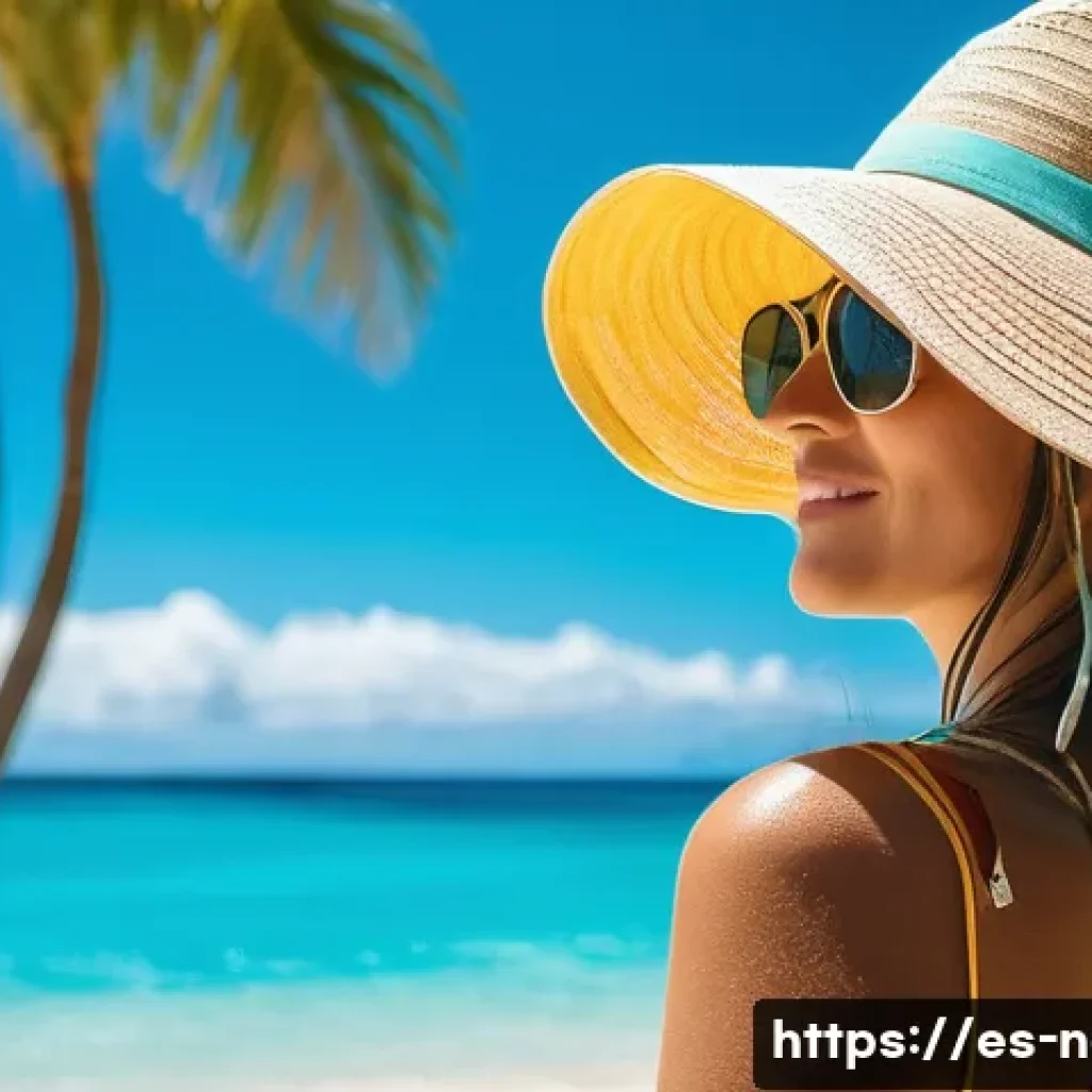 누벨칼레도니 안전 여행 팁 - A vibrant tropical beach scene in New Caledonia under a bright sun, featuring a person wearing a wid...