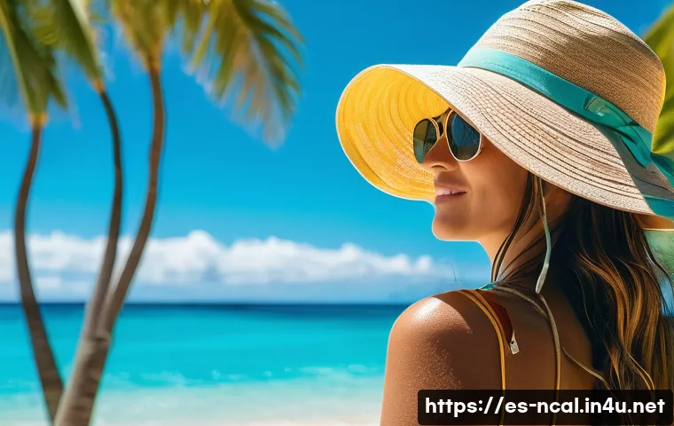 누벨칼레도니 안전 여행 팁 - A vibrant tropical beach scene in New Caledonia under a bright sun, featuring a person wearing a wid...