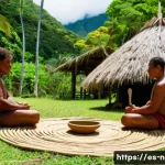 Home 20 누벨칼레도니 전통 음료 - A traditional New Caledonian kava ceremony scene set outdoors in a lush tropical village environment...