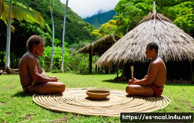 누벨칼레도니 전통 음료 - A traditional New Caledonian kava ceremony scene set outdoors in a lush tropical village environment...