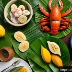 Home 19 누메아 맛집 추천 - A vibrant traditional New Caledonian feast set on a rustic wooden table outdoors, featuring a colorf...