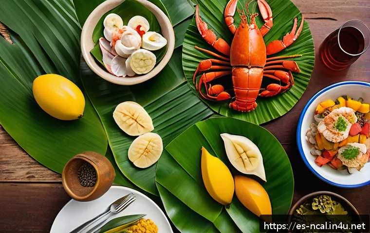 누메아 맛집 추천 - A vibrant traditional New Caledonian feast set on a rustic wooden table outdoors, featuring a colorf...