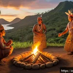 Home 23 누벨칼레도니 원주민 문화 - A serene Kanak village scene set in New Caledonia’s lush natural environment, featuring traditional ...