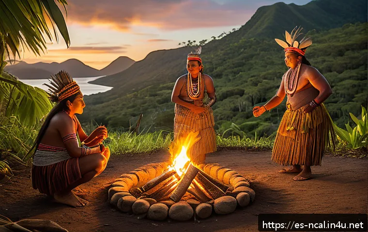 누벨칼레도니 원주민 문화 - A serene Kanak village scene set in New Caledonia’s lush natural environment, featuring traditional ...