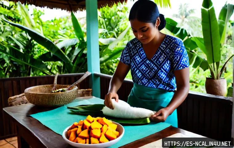 Home 17 누벨칼레도니 전통 음식 만들기 - Photorealistic cooking scene in a bright New Caledonian home kitchen, a Kanak cook preparing traditi...