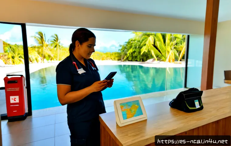 누벨칼레도니 긴급 연락처 - Photorealistic emergency preparedness scene in New Caledonia: a Spanish-speaking family traveler at ...